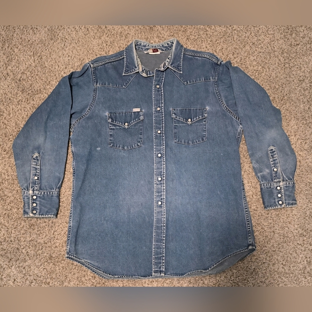VTG Carhartt Shirt Mens L Blue Western Denim Pearl Snap Long Sleeve 90s ARM HOLE